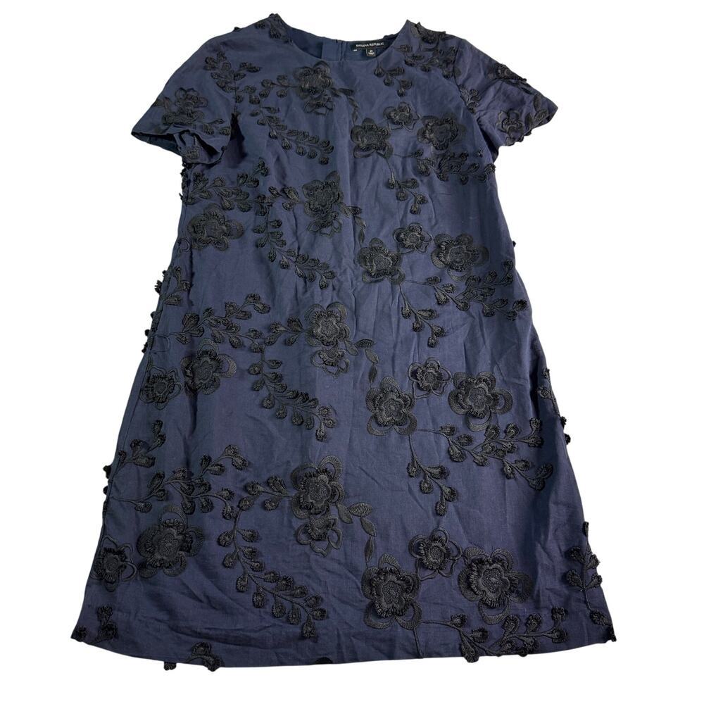 Banana Republic Navy Floral Embroidered Sheath Dress Size 10 Cotton Short Sleeve
